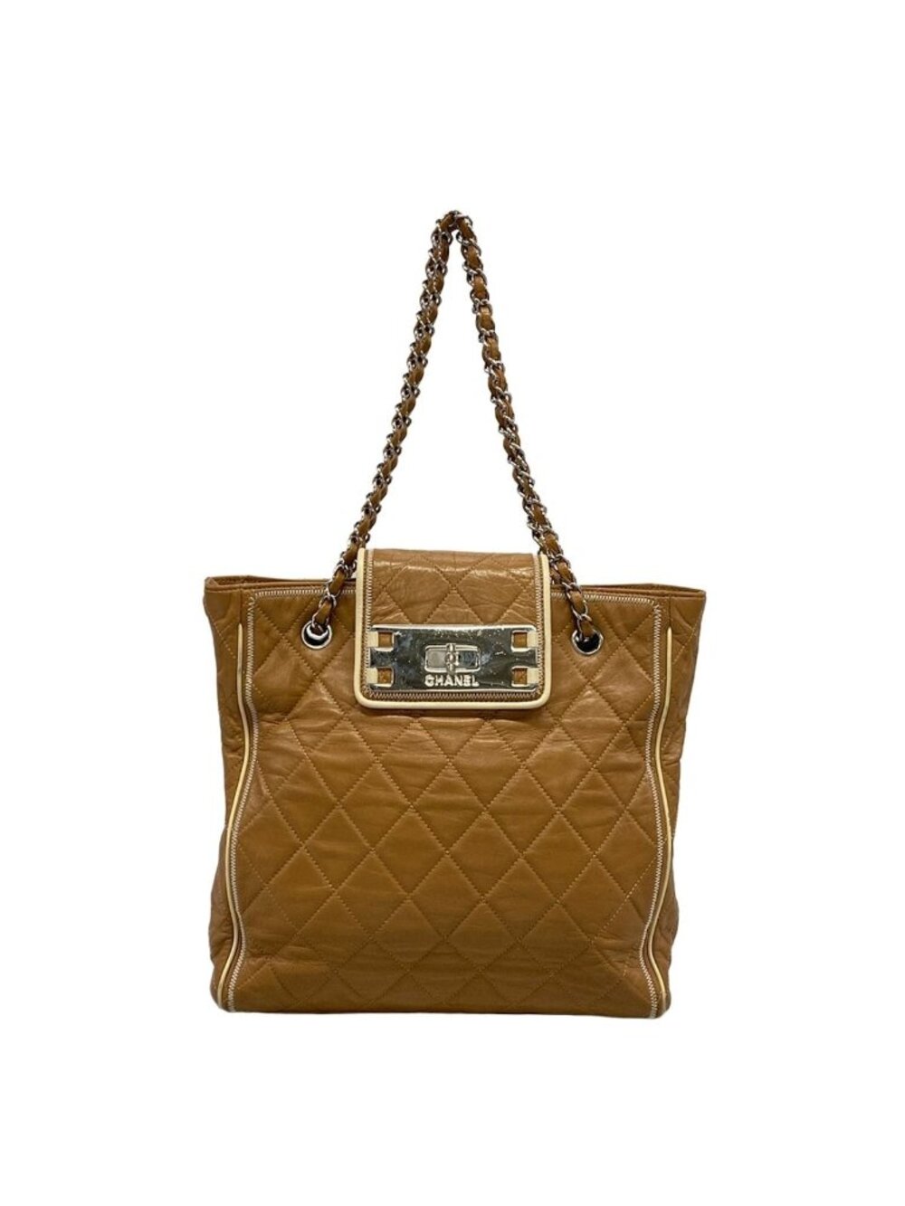 Chanel Shoulder Bag Light Brown Ivory Chain Silver Lambskin